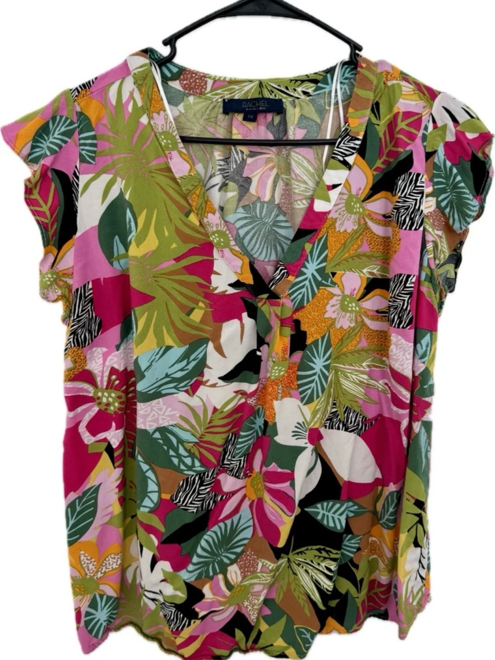 RACHEL Rachel Roy Pink Multi Floral V-Neck Cap Sleeve Top | Plus Size 1X